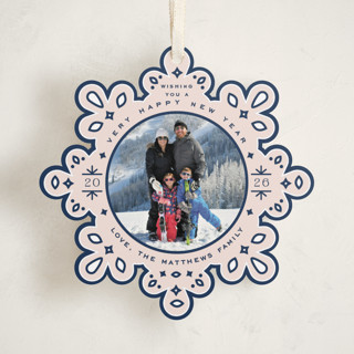 This is a navy holiday card ornaments with standard by Jennifer Lew called ornate printing on recycled smooth signature in ornament