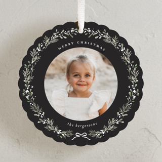 This is a coal holiday card ornaments with standard by Itsy Belle Studio called evergreen wreath printing on recycled smooth signature in ornament