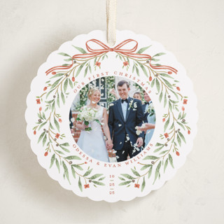 This is a cider holiday card ornaments with standard by Susan Zinader called first christmas wreath printing on recycled smooth signature in ornament