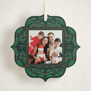 This is a pine holiday card ornaments with standard by Elly called flourish wreath printing on recycled smooth signature in ornament