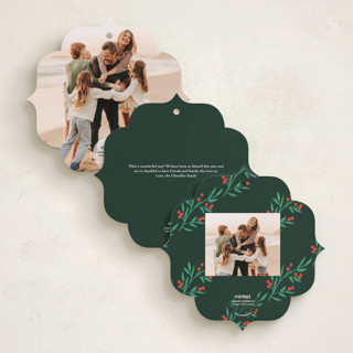 This is a pine holiday card ornaments with standard by Elly called flourish wreath printing on recycled smooth signature in ornament