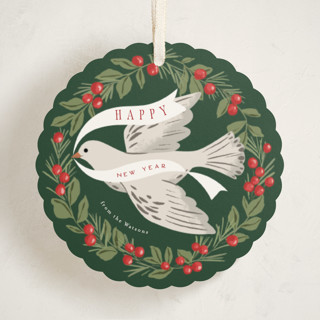 This is a evergreen holiday card ornaments with standard by Everett Paper Goods called dove wreath printing on signature in ornament