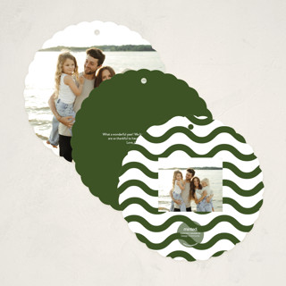 This is a pine holiday card ornaments with standard by Up Up Creative called bouncy printing on recycled smooth signature in ornament