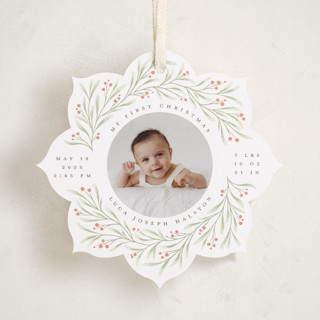 This is a holly berry holiday card ornaments with standard by Randi Cirelli called merry & new printing on recycled smooth signature in ornament