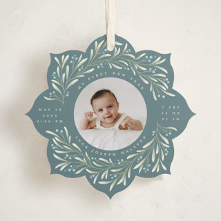 This is a blue jay holiday card ornaments with standard by Randi Cirelli called merry & new printing on recycled smooth signature in ornament