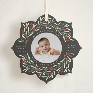 This is a coal holiday card ornaments with standard by Randi Cirelli called merry & new printing on recycled smooth signature in ornament