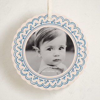 This is a blue jay holiday card ornaments with standard by Teju Reval called scalloped holly printing on recycled smooth signature in ornament