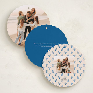 This is a blue jay holiday card ornaments with standard by Teju Reval called scalloped holly printing on recycled smooth signature in ornament