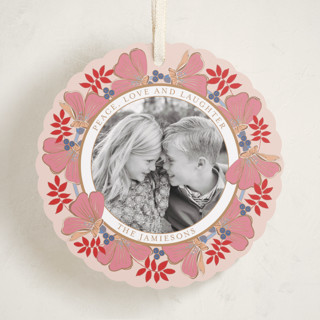 This is a blueberry peach holiday card ornaments with standard by Katrina Marquet called joyful wreath printing on recycled smooth signature in ornament
