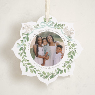 This is a wintermint holiday card ornaments with standard by Everett Paper Goods called wreath of doves printing on recycled smooth signature in ornament