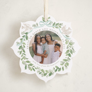 This is a wintermint holiday card ornaments with standard by Everett Paper Goods called wreath of doves printing on recycled smooth signature in ornament