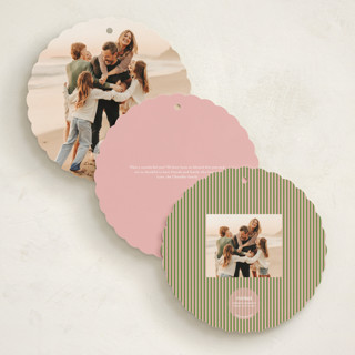 This is a pistachio holiday card ornaments with standard by Erika Firm called joy cloud printing on signature in ornament