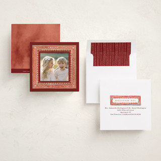This is a candied apple foil pressed holiday cards with foil pressed by Anastasia Makarova called dots and snowflakes printing on recycled smooth signature in square