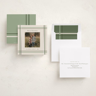 This is a sage foil pressed holiday cards with foil pressed by Poised Avenue called perfectly plaid printing on recycled smooth signature in square