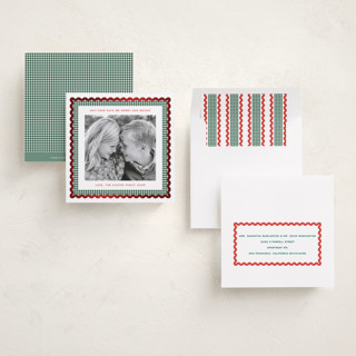 This is a mistletoe foil pressed holiday cards with foil pressed by Erin German called gingham fun printing on recycled smooth signature in square