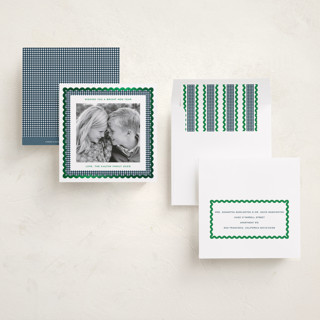 This is a navy foil pressed holiday cards with foil pressed by Erin German called gingham fun printing on recycled smooth signature in square