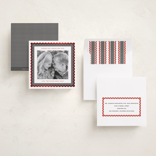 This is a coal foil pressed holiday cards with foil pressed by Erin German called gingham fun printing on recycled smooth signature in square