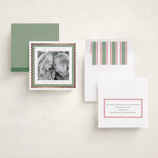 This is a candy foil pressed holiday cards with foil pressed by Erin German called gingham fun printing on recycled smooth signature in square