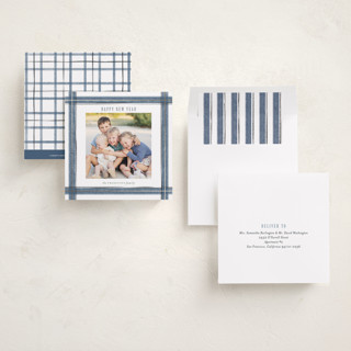 This is a blue spruce foil pressed holiday cards with foil pressed by Paula Pecevich called brushed plaid printing on recycled smooth signature in square