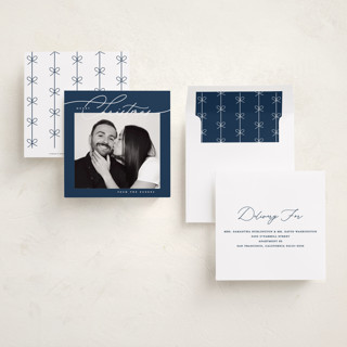 This is a navy holiday photo cards with standard by Susan Zinader called a simple script printing on recycled smooth signature in square