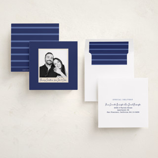 This is a royal blue holiday photo cards with standard by Jeremy called keepsake printing on recycled smooth signature in square