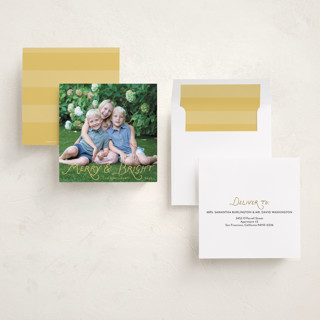 This is a goldenrod holiday photo cards with standard by Lindsay Megahed called bright script printing on recycled smooth signature in square