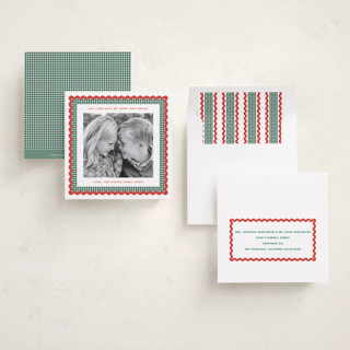 This is a mistletoe holiday photo cards with standard by Erin German called gingham fun printing on recycled smooth signature in square