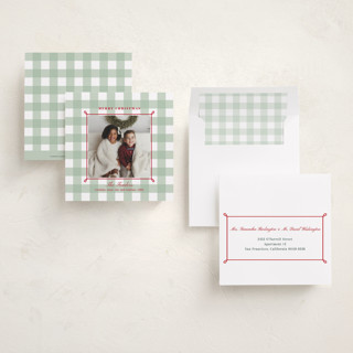 This is a holly berry holiday photo cards with standard by Alston Foster called festive gingham plaid printing on recycled smooth signature in square
