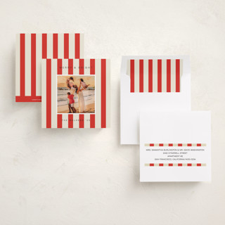 This is a candy cane holiday photo cards with standard by Morgan Kendall called cabana printing on recycled smooth signature in square