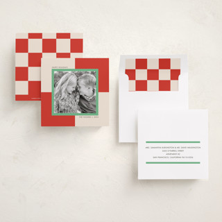 This is a candy cane holiday photo cards with standard by Morgan Kendall called checkmate printing on recycled smooth signature in square