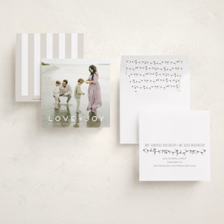 This is a snow holiday photo cards with standard by Kate Ross called love joy printing on recycled smooth signature in square