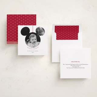 This is a snowflake holiday photo cards with standard by Roopali called mickey bauble printing on recycled smooth signature in square