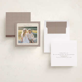 This is a gingerbread latte holiday photo cards with standard by Emily Betts called gingham vintage printing on recycled smooth signature in square