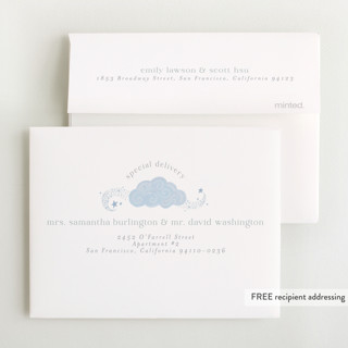 This is a celestial baby shower thank you cards with foil pressed by Joanna Griffin called over the moon printing on strathmore in standard