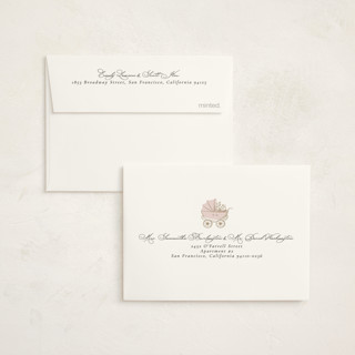 This is a antique blush baby shower thank you cards with foil pressed by Ana de Sousa called petal & pram printing on strathmore in standard