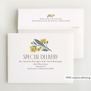 This is a buttercup baby shower thank you cards with foil pressed by Karidy Walker called storybook garden printing on strathmore in standard