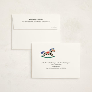 This is a peach baby shower thank you cards with standard by Harriet Richter called rocking baby shower printing on strathmore in standard