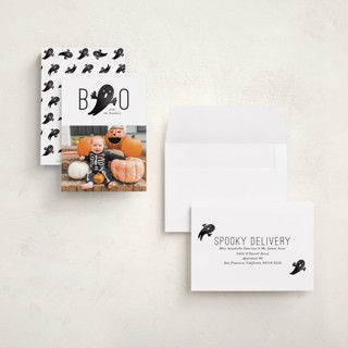 This is a ghostly halloween party invitations cards with standard by Mansi Verma called boo from us printing on recycled smooth signature in petite