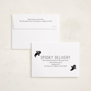 This is a ghostly halloween party invitations cards with standard by Mansi Verma called boo from us printing on recycled smooth signature in petite