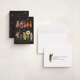 This is a chalkboard halloween party invitations cards with standard by Morgan Ramberg called trick or treaters printing on signature in petite