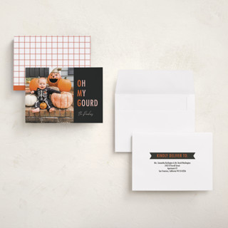 This is a pumpkin halloween party invitations cards with standard by Dawn Pope called oh my gourd printing on recycled smooth signature in petite