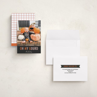 This is a pumpkin halloween party invitations cards with standard by Dawn Pope called oh my gourd printing on recycled smooth signature in petite