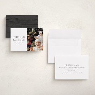 This is a ghost halloween party invitations cards with standard by Angela Garrick called thrills and chills printing on recycled smooth signature in petite