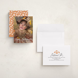 This is a ghostly white halloween party invitations cards with standard by Hooray Creative called spooky script printing on recycled smooth signature in petite