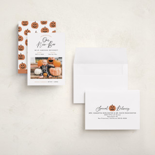 This is a pumpkin halloween party invitations cards with standard by Hooray Creative called our new boo printing on recycled smooth signature in petite