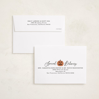 This is a pumpkin halloween party invitations cards with standard by Hooray Creative called our new boo printing on recycled smooth signature in petite