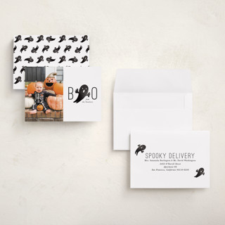 This is a ghostly halloween party invitations cards with standard by Mansi Verma called boo from us printing on recycled smooth signature in petite