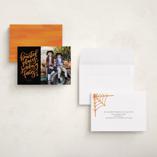 This is a midnight halloween party invitations cards with standard by Amy Payne called smiling faces printing on recycled smooth signature in petite