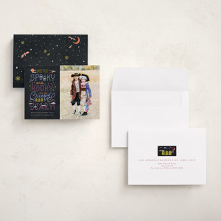 This is a ghoulish halloween party invitations cards with standard by Ashley DeMeyere called spooky kooky creepy scary printing on recycled smooth signature in petite