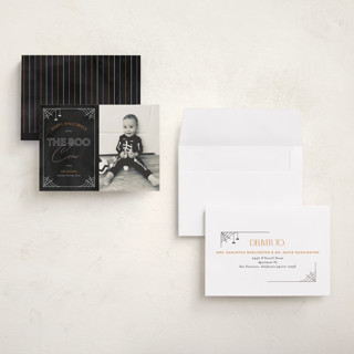 This is a spider halloween party invitations cards with standard by Pixel and Hank called boo crew printing on recycled smooth signature in petite